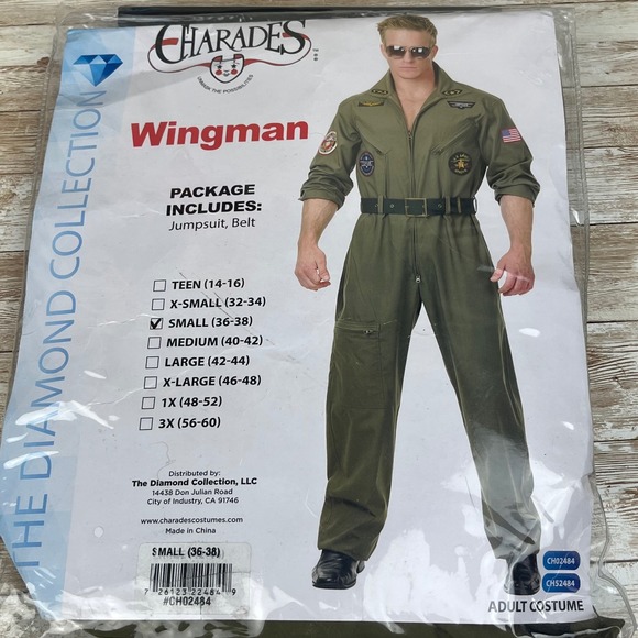 Charades Wingman Costume Adult Small Green Jumpsuit Pilot Top Gun Halloween - Picture 1 of 6